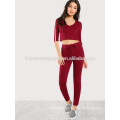 Striped Side Crop Hoodie Tee With Sweatpants Set Manufacture Wholesale Fashion Women Apparel (TA4050SS)